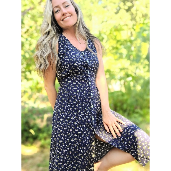 The Tori Vintage 90s Simple Floral Sun Dress Navy Sz M - Picture 7 of 9